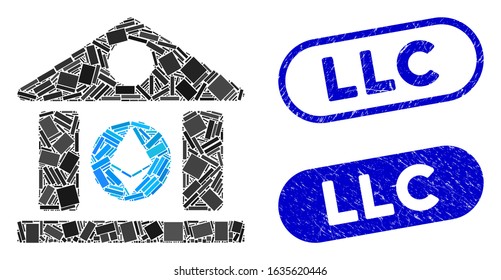 Mosaic Ethereum corporation building and corroded stamp seals with Llc phrase. Mosaic vector Ethereum corporation building is formed with randomized rectangle items. Llc stamp seals use blue color,