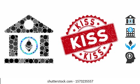 Mosaic Ethereum corporation building icon and corroded stamp watermark with Kiss caption. Mosaic vector is formed with Ethereum corporation building icon and with scattered round elements.