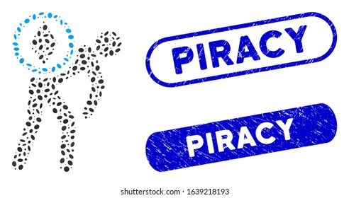 Mosaic Ethereum courier man and distressed stamp seals with Piracy caption. Mosaic vector Ethereum courier man is created with scattered oval pieces. Piracy seals use blue color,