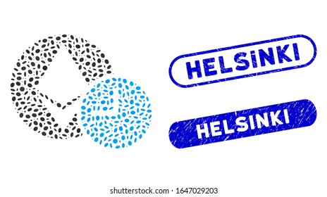 Mosaic Ethereum credit clock and distressed stamp seals with Helsinki text. Mosaic vector Ethereum credit clock is created with randomized elliptic spots. Helsinki stamp seals use blue color,