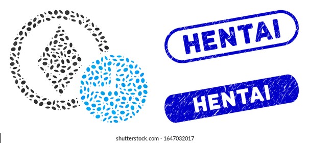 Mosaic Ethereum credit clock and distressed stamp seals with Hentai text. Mosaic vector Ethereum credit clock is formed with randomized oval items. Hentai stamp seals use blue color,