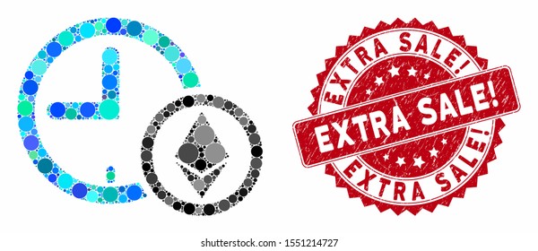 Mosaic Ethereum credit clock and grunge stamp watermark with Extra Sale! text. Mosaic vector is designed with Ethereum credit clock icon and with randomized circle spots.