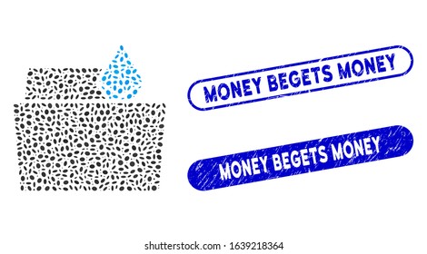Mosaic Ethereum crystal folder and grunge stamp seals with Money Begets Money text. Mosaic vector Ethereum crystal folder is created with scattered elliptic pieces.