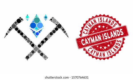 Mosaic Ethereum crystal mining hammers and grunge stamp seal with Cayman Islands phrase. Mosaic vector is composed from Ethereum crystal mining hammers icon and with scattered spheric elements.