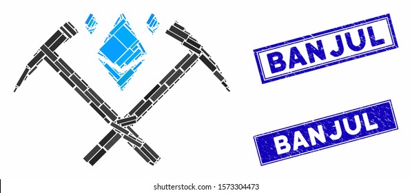 Mosaic Ethereum crystal mining hammers pictogram and rectangular Banjul stamps. Flat vector Ethereum crystal mining hammers mosaic pictogram of random rotated rectangular elements.