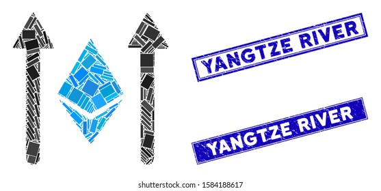 Mosaic Ethereum crystal send arrows icon and rectangle Yangtze River seal stamps. Flat vector Ethereum crystal send arrows mosaic icon of randomized rotated rectangle items.