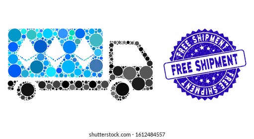 Mosaic Ethereum delivery car icon and corroded stamp watermark with Free Shipment text. Mosaic vector is created with Ethereum delivery car icon and with scattered circle items.