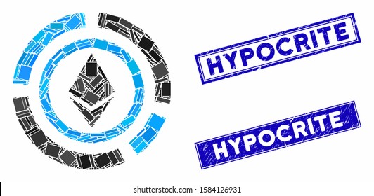 Mosaic Ethereum diagram icon and rectangle Hypocrite stamps. Flat vector Ethereum diagram mosaic icon of randomized rotated rectangular items. Blue Hypocrite rubber stamps with scratched texture.
