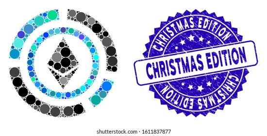 Mosaic Ethereum diagram icon and rubber stamp seal with Christmas Edition caption. Mosaic vector is composed from Ethereum diagram icon and with scattered circle items.