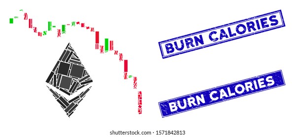 Mosaic Ethereum fall chart icon and rectangle Burn Calories seal stamps. Flat vector Ethereum fall chart mosaic icon of randomized rotated rectangle elements.
