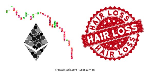 Mosaic Ethereum fall chart and rubber stamp seal with Hair Loss phrase. Mosaic vector is designed from Ethereum fall chart icon and with random round elements. Hair Loss stamp seal uses red color,