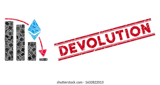 Mosaic Ethereum falling acceleration chart pictogram and red Devolution stamp between double parallel lines.