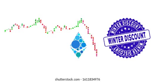 Mosaic Ethereum falling chart icon and grunge stamp seal with Winter Discount text. Mosaic vector is formed with Ethereum falling chart icon and with random circle elements.