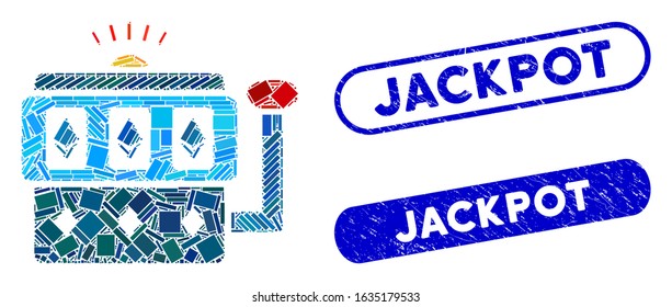 Mosaic Ethereum gambling machine and corroded stamp watermarks with Jackpot caption. Mosaic vector Ethereum gambling machine is created with randomized rectangle items.