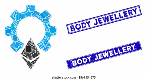 Mosaic Ethereum gear pictogram and rectangular rubber prints. Flat vector Ethereum gear mosaic pictogram of random rotated rectangular elements. Blue caption stamp imprints with dirty textures.