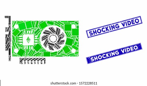 Mosaic Ethereum GPU videocard icon and rectangular Shocking Video stamps. Flat vector Ethereum GPU videocard mosaic pictogram of scattered rotated rectangular items.