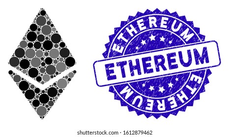 Mosaic Ethereum icon and rubber stamp watermark with Ethereum caption. Mosaic vector is composed with Ethereum pictogram and with random round spots. Ethereum stamp uses blue color, and rubber design.