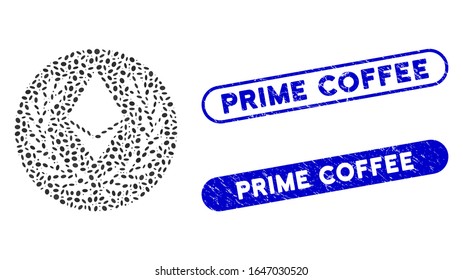 Mosaic Ethereum laurel coin and rubber stamp seals with Prime Coffee caption. Mosaic vector Ethereum laurel coin is designed with scattered oval spots. Prime Coffee stamp seals use blue color,