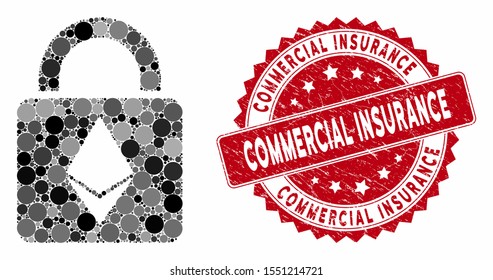 Mosaic Ethereum lock and grunge stamp seal with Commercial Insurance caption. Mosaic vector is composed with Ethereum lock icon and with scattered round spots.