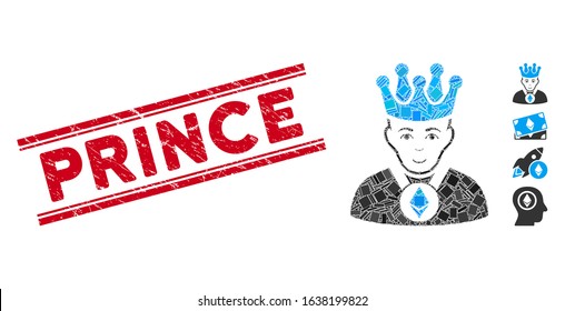 Mosaic Ethereum lord icon and red Prince seal between double parallel lines. Flat vector Ethereum lord mosaic icon of scattered rotated rectangle items. Red Prince seal stamp with grunge surface.