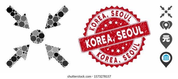 Mosaic Ethereum map marker icon and grunge stamp seal with Korea, Seoul caption. Mosaic vector is composed with Ethereum map marker icon and with scattered spheric elements. Korea,