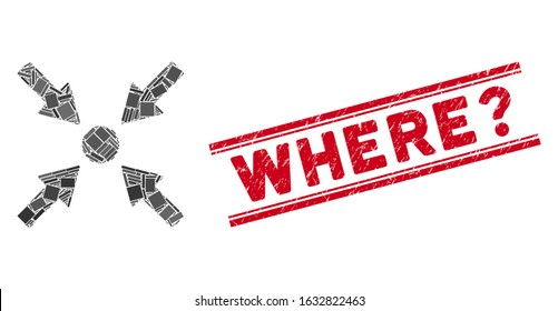 Mosaic Ethereum map marker pictogram and red Where? watermark between double parallel lines. Flat vector Ethereum map marker mosaic pictogram of random rotated rectangular items.