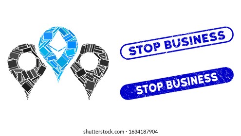 Mosaic Ethereum map pointers and corroded stamp watermarks with Stop Business caption. Mosaic vector Ethereum map pointers is designed with scattered rectangle items.