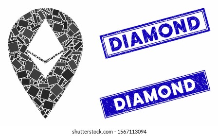 Mosaic Ethereum marker pictogram and rectangle seal stamps. Flat vector Ethereum marker mosaic pictogram of randomized rotated rectangular items. Blue caption seal stamps with distress textures.