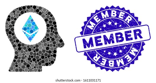 Mosaic Ethereum mind icon and corroded stamp seal with Member caption. Mosaic vector is composed with Ethereum mind icon and with random spheric items. Member stamp seal uses blue color,