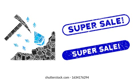 Mosaic Ethereum mining hammer and corroded stamp seals with Super Sale! text. Mosaic vector Ethereum mining hammer is composed with random rectangle items. Super Sale! stamp seals use blue color,