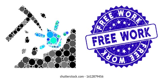 Mosaic Ethereum mining hammer icon and rubber stamp seal with Free Work text. Mosaic vector is created with Ethereum mining hammer icon and with random round spots. Free Work seal uses blue color,