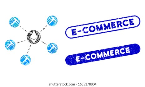 Mosaic Ethereum mining pool and corroded stamp seals with E-Commerce phrase. Mosaic vector Ethereum mining pool is composed with scattered rectangle items. E-Commerce stamp seals use blue color,