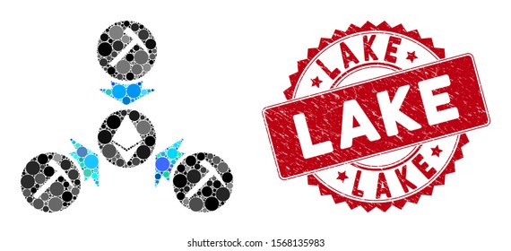 Mosaic Ethereum mining pool and grunge stamp watermark with Lake text. Mosaic vector is created with Ethereum mining pool icon and with scattered spheric spots. Lake stamp seal uses red color,