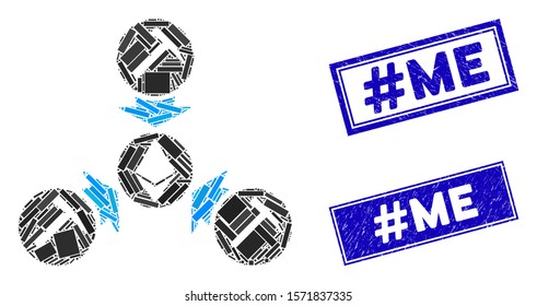 Mosaic Ethereum mining pool icon and rectangular #Me stamps. Flat vector Ethereum mining pool mosaic icon of random rotated rectangular elements. Blue #Me stamps with grunge texture.