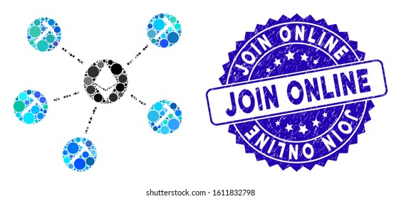 Mosaic Ethereum mining pool icon and rubber stamp seal with Join Online caption. Mosaic vector is composed with Ethereum mining pool icon and with scattered spheric items.