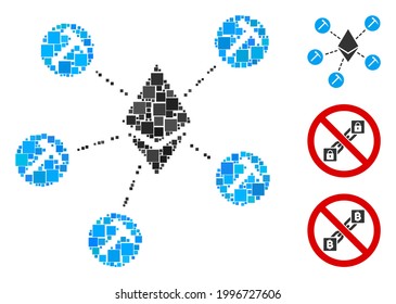 Mosaic Ethereum mining pool icon united from square items in variable sizes and color hues. Vector square elements are organized into abstract mosaic Ethereum mining pool icon.