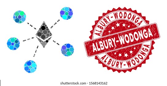 Mosaic Ethereum net structure and distressed stamp seal with Albury-Wodonga caption. Mosaic vector is created with Ethereum net structure icon and with random round spots.