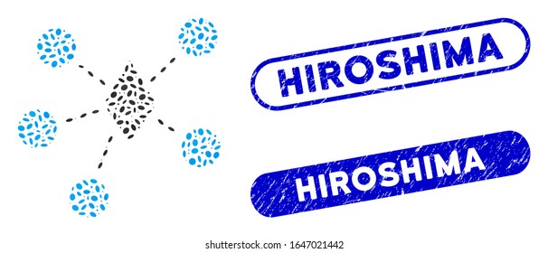 Mosaic Ethereum net structure and grunge stamp seals with Hiroshima caption. Mosaic vector Ethereum net structure is created with scattered elliptic pieces. Hiroshima stamp seals use blue color,