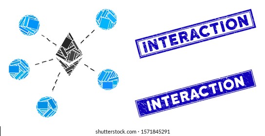 Mosaic Ethereum net structure pictogram and rectangular Interaction seal stamps. Flat vector Ethereum net structure mosaic pictogram of random rotated rectangular elements.