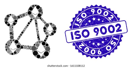 Mosaic Ethereum network icon and rubber stamp seal with ISO 9002 text. Mosaic vector is created with Ethereum network icon and with random circle spots. ISO 9002 seal uses blue color,