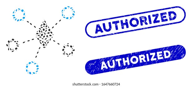 Mosaic Ethereum network nodes and distressed stamp seals with Authorized caption. Mosaic vector Ethereum network nodes is composed with randomized oval dots. Authorized seals use blue color,