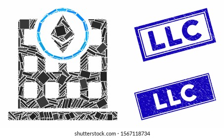 Mosaic Ethereum office pictogram and rectangular watermarks. Flat vector Ethereum office mosaic pictogram of scattered rotated rectangular elements. Blue caption rubber stamps with rubber texture.