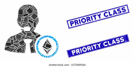 Mosaic Ethereum operator manager pictogram and rectangle Priority Class watermarks. Flat vector Ethereum operator manager mosaic pictogram of random rotated rectangle items.