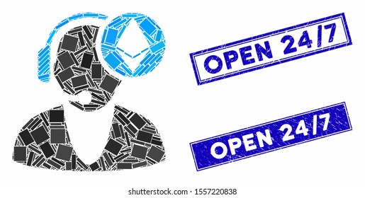 Mosaic Ethereum operator pictogram and rectangular seals. Flat vector Ethereum operator mosaic pictogram of randomized rotated rectangle elements. Blue caption rubber seals with rubber texture.