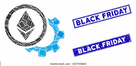 Mosaic Ethereum options cogwheel pictogram and rectangle stamps. Flat vector Ethereum options cogwheel mosaic pictogram of random rotated rectangle items. Blue caption stamps with scratched texture.