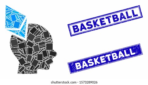 Mosaic Ethereum penetrated head icon and rectangle Basketball stamps. Flat vector Ethereum penetrated head mosaic icon of randomized rotated rectangle items.