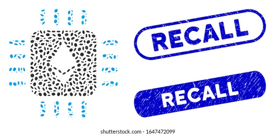 Mosaic Ethereum processor chip and grunge stamp seals with Recall text. Mosaic vector Ethereum processor chip is composed with scattered ellipse pieces. Recall stamp seals use blue color,