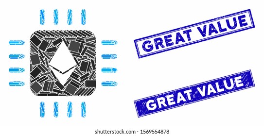 Mosaic Ethereum processor chip pictogram and rectangle watermarks. Flat vector Ethereum processor chip mosaic pictogram of random rotated rectangle elements. Blue caption seals with scratched surface.