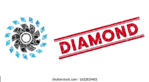Mosaic Ethereum propeller pictogram and red Diamond seal stamp between double parallel lines. Flat vector Ethereum propeller mosaic pictogram of scattered rotated rectangular elements.