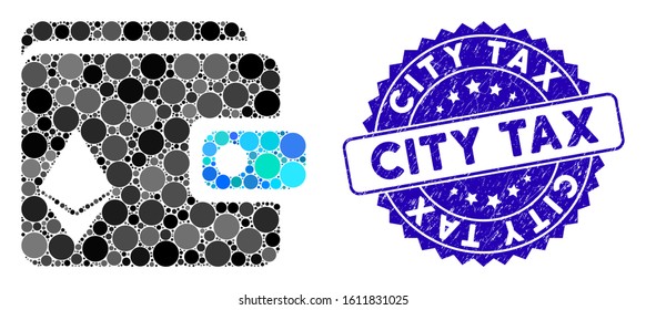 Mosaic Ethereum purse icon and distressed stamp watermark with City Tax caption. Mosaic vector is designed with Ethereum purse icon and with randomized spheric elements.